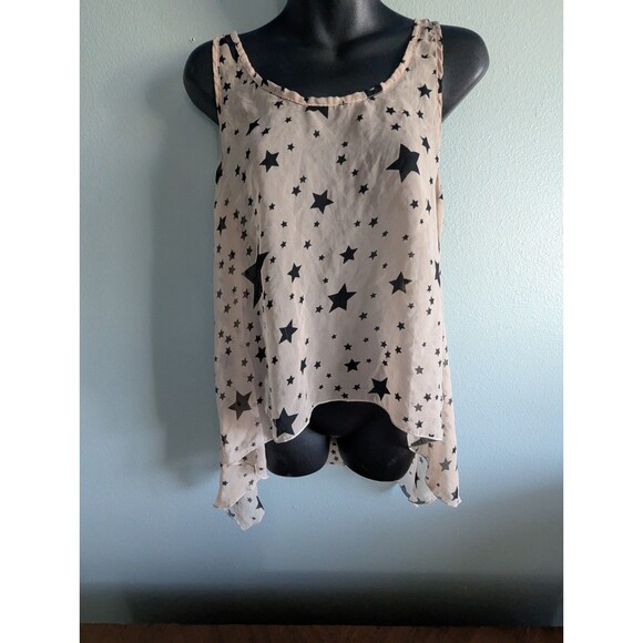 Tan Sheer Black Stars Sleeveless Cami Blouse L Tank Indie Sleaze Cyber Grunge - Picture 2 of 7